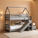 House Bunk Bed Twin over Twin with Slide & Stairs, Wood Bunk Bed with Storage Shelves, No Box Spring Needed, Twin Floor Bed for Kids Teens Boys Girls (Grey)