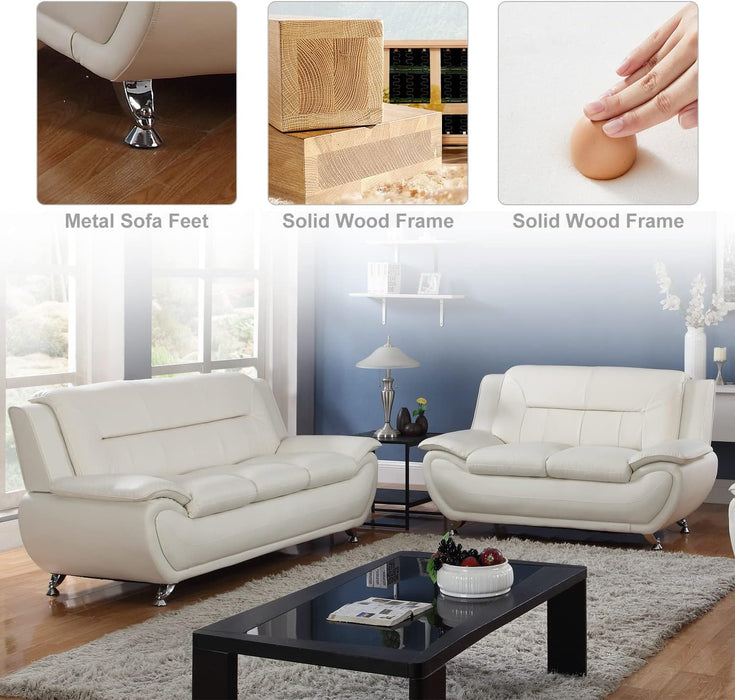 Faux Leather Sofa Couch Set, Living Room Sofa and Loveseat Set, Leather Couch and Loveseat Set for Living Room Office Home (2 Piece Leather Living Room Set, Cream White)