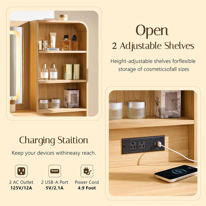 Vanity Desk with Mirror and Lights, 50” Modren Makeup Vanity with 35.43" Mirror and 5 Drawers, Makeup Table with Charging Station for Women and Girls, Bedroom (Natural)