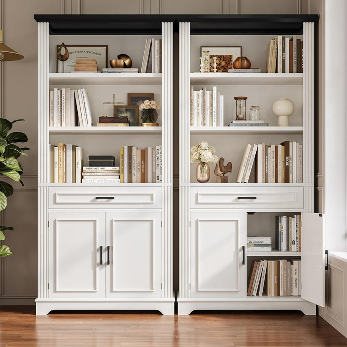 Farmhouse Bookshelves and Bookcases with Doors and Drawer, Bookshelf with Storage, Floor Standing 6 Shelf Display Storage Shelves 70 in Tall Bookshelf for Home Office, Living Room, White