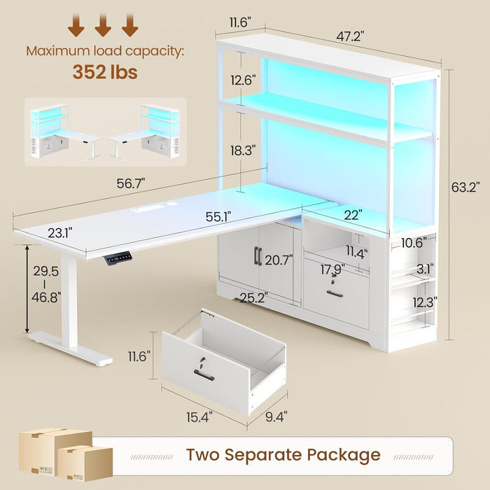 56.7" L Shaped Standing Desk, Reversible Computer Office Desk with Drawers & Hutch, Stand up Corner Gaming Desks with LED Lights & Power Outlets for Home Office, White