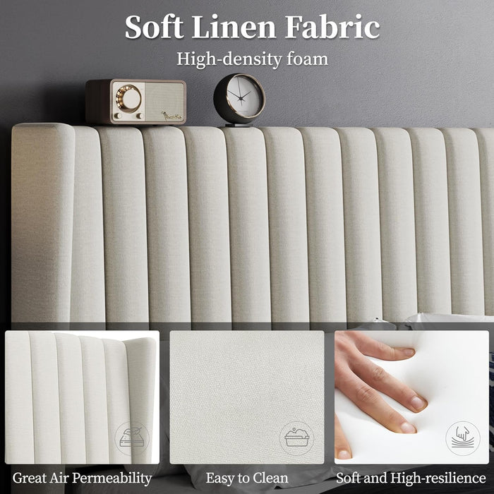 Queen Bed Frame Upholstered Platform Bed with Fabric Headboard, Wing Edge Design/Non-Slip and Noise-Free/Wooden Slats Support/No Box Spring Needed/Easy Assembly, Beige Queen Bed