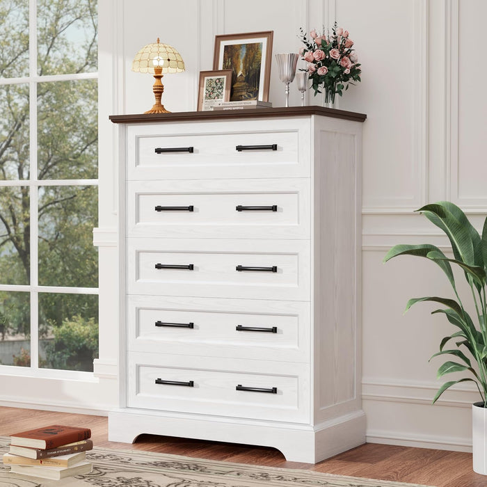 Tall Dresser for Bedroom, Farmhouse 5 Drawers Dresser, White&Brown