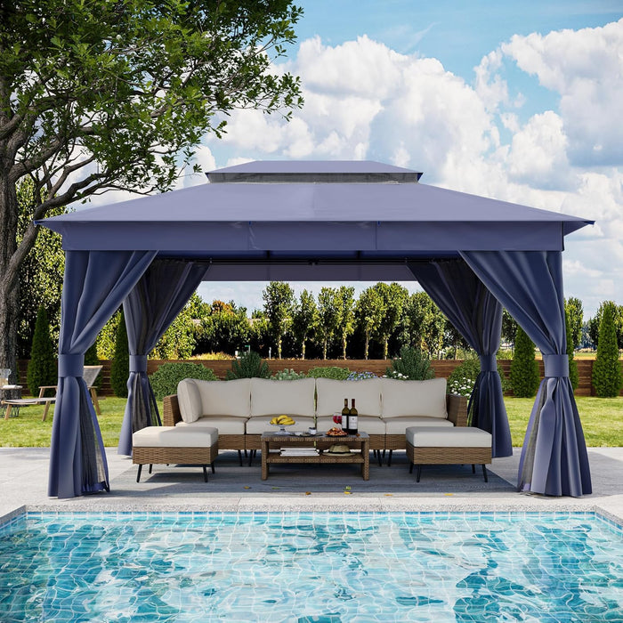 Patio Gazebo 10'X13', Outdoor Heavy Duty Party Tent Shelter with Double Roofs, Mosquito Nettings and Privacy Screens for Backyard, Garden, Lawn, Navy Blue