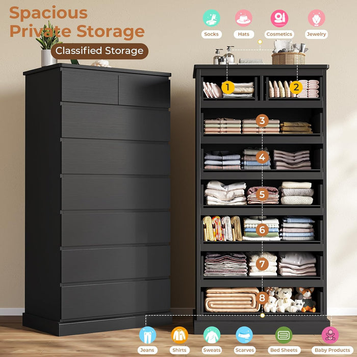 Black Tall Dresser for Bedroom with 8 Drawers, 59.6" Tall Dressers & Chests of Drawers, Modern Wood Closet Organizer and Storage Cabinet, Large Vertical Dresser for Bedroom, Closet, Hallway
