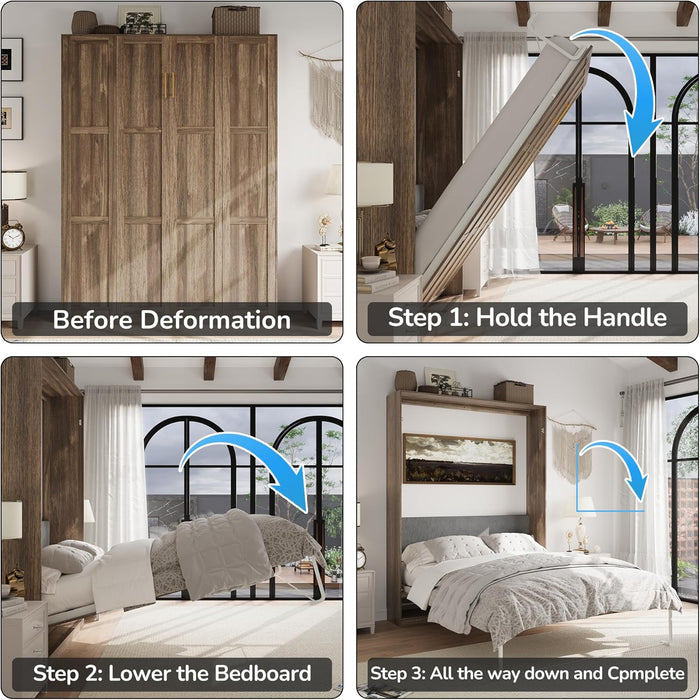 Modern Queen Size Murphy Bed, Hidden Foldable Wall Cabinet Bed Frame with Wood Slat, Space-Saving, No Spring Box Required, Brown