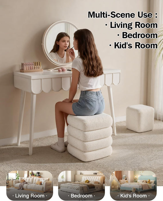 Square Set of 2 Sherpa Nesting Storage Ottoman Stool Boucle Vanity Stool Footstool with Removeable Lid Load up to 440 Lbs for Livingroom Bedroom White UASND69W