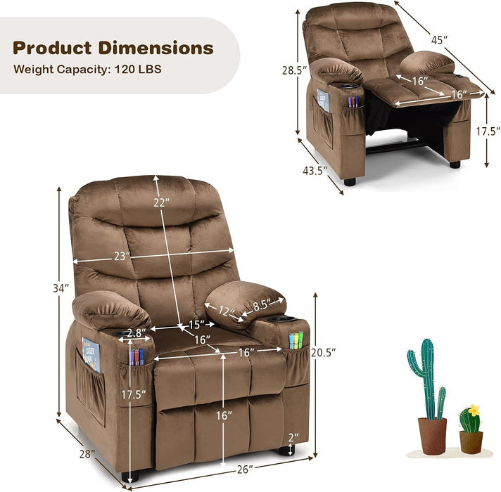 Kids Recliner Chair with Cup Holder, Adjustable Velvet Lounge Chair W/Footrest & Side Pockets for Children Boys Girls Room, Ergonomic Toddler Furniture Sofa, Kids Recliner (Brown)