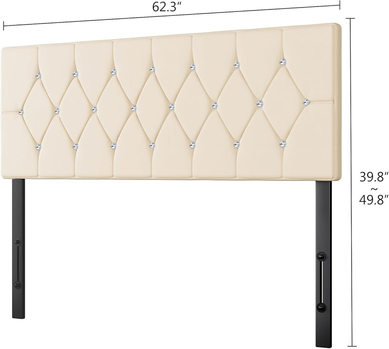 Tufted Upholstered Headboard Queen Size, with 6 Adjustable Height from 39.8" to 49.8", Button Diamond Design, Easy Assembly, Cream Beige
