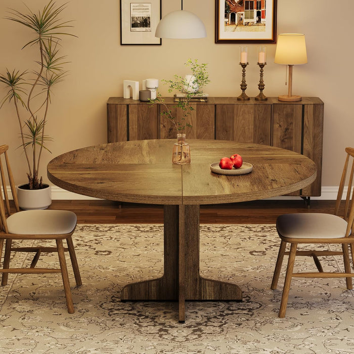 round Dining Table for 4, 47 in Farmhouse Circle Kitchen Table with Wood Tabletop and Stable Base, for Home Dining Room Living Room, Brown (Only Table)