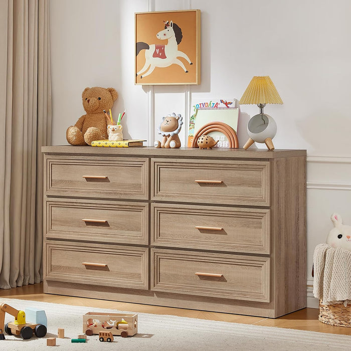 55.1" Wide Farmhouse 6 Drawers Dresser for Bedroom, Oak