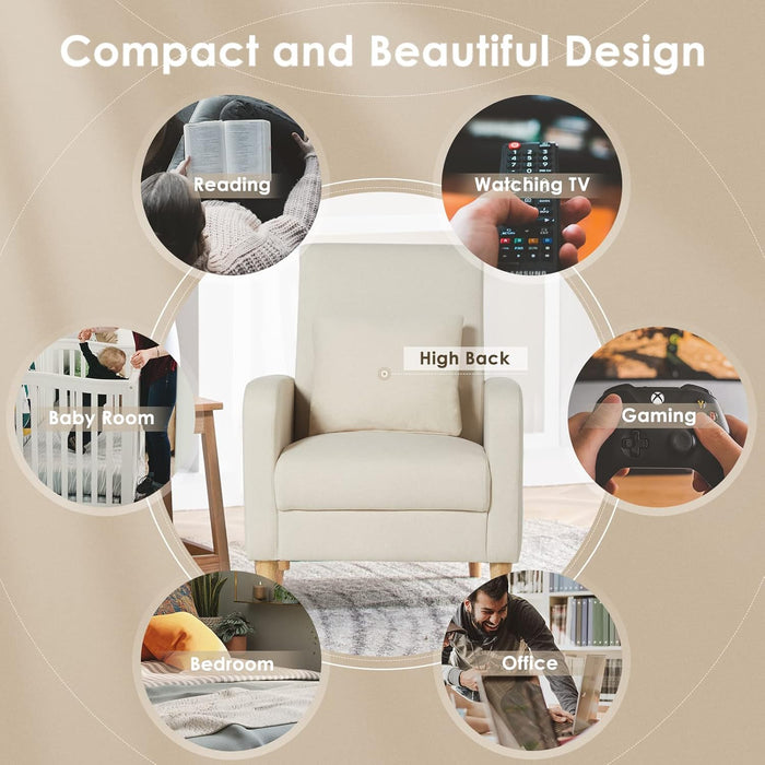 Beige Upholstered Accent Chair Featuring Lumbar Pillow