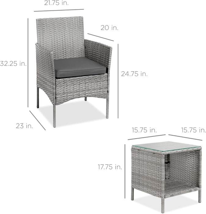 3-Piece Outdoor Wicker Conversation Bistro Set, Space Saving Patio Furniture for Garden W/Side Table - Gray/Gray
