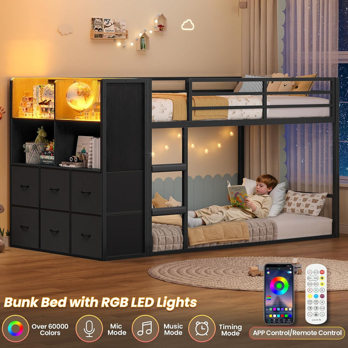 Twin Over Twin BlackPowderCoated Bunk Bed LEDLights