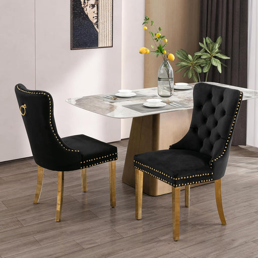 Velvet Dining Chair Set of 2, Upholstered Tufted Dining Room Chair with Nailhead Trim and Stainless Steel Gold Plated Leg for Kitchen, Black