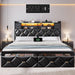 King Size Bed Frame with 2 Storage Drawers and Storage Headboard, Upholstered Platform with Charging Station and LED Light, No Box Spring Needed, Noise Free, Easy Assembly, PU Leather Black