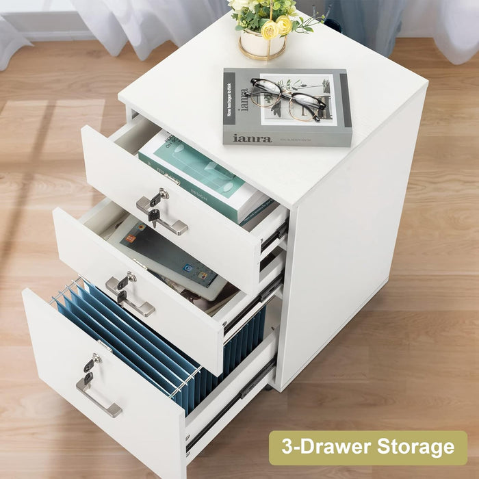 White Mobile File Cabinet, 3 Drawers, Lock