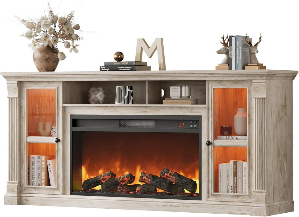 Farmhouse Fireplace TV Stand up to 80" Tvs, 70" Modern Highboy Entertainment Center with 36" Electric Fireplace & LED Lights, Media Console with Adjustable Shelves for Living Room, Antique Brush Gray