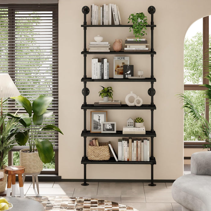 Industrial Pipe Bookshelf, Wall Mounted Shelf, 36 Inch, Black | 6 Tier Open Bookcase, Solid Pine Wood, Black Iron Pipe Frame, 40 Lbs per Shelf, for Books, Kitchen, Office Decor