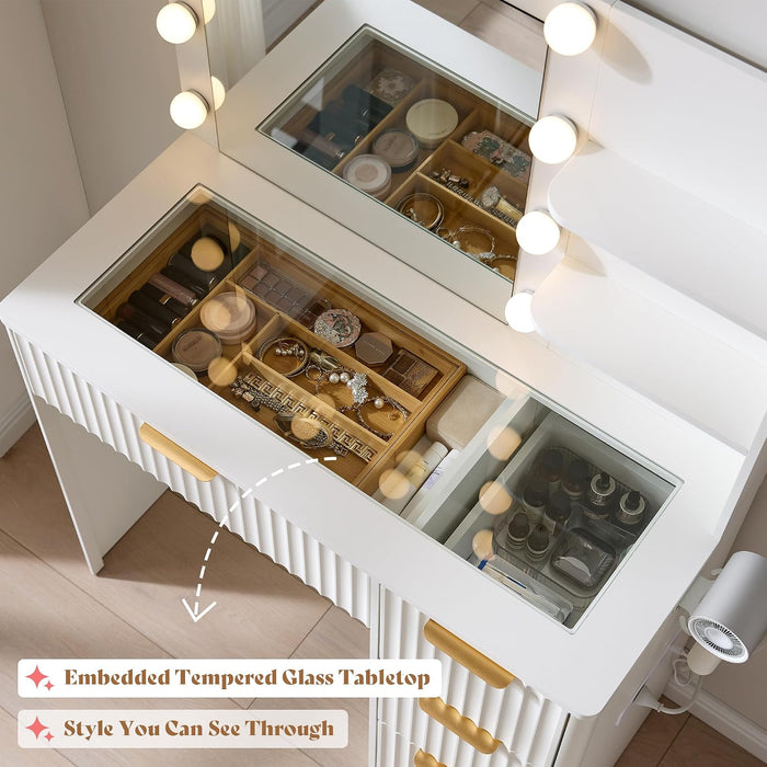 36Inch ElegantFluted White Vanity Desk With LEDMirror