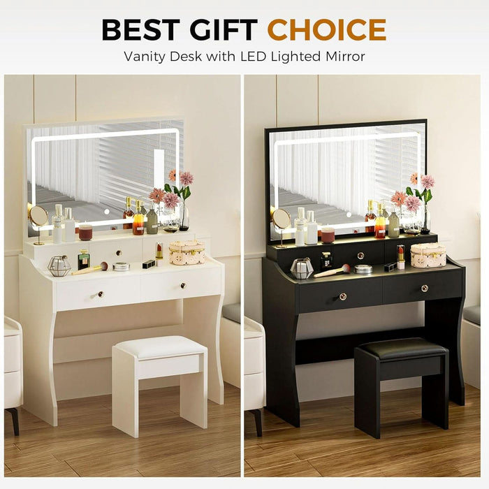 Makeup Vanity Desk with Mirror and Lights, Vanity Table and Chair Set with 5 Drawers and Charging Station, Bedroom Dresser LED Mirror Stepless Dimmable & 3 Color Modes Adjustable, White