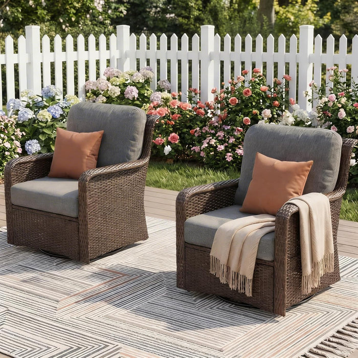 360° Swivel Wicker Patio Chair Set of 2, Handwoven PE Rattan, 5.5" Thick Olefin Cushions, Weatherproof Conversation Seating for Porch Deck Backyard, Brown/Gray