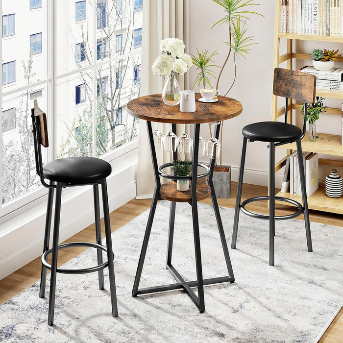 round Bar Table, 2-Tier Counter Height Pub Table with Wine Glass Holder, Industrial Cocktail Table, for Small Space, Tavern, Living Room, Dining Room, Patio, Rustic Brown and Black BF62BT01G1