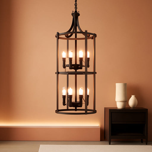 Foyer Chandeliers for High Ceilings, Lantern Tiered Black Chandelier Light Fixture Metal Modern Farmhouse Pendant Lights for Kitchen Island Entryway, Staircase, Living Room, Dinning Room