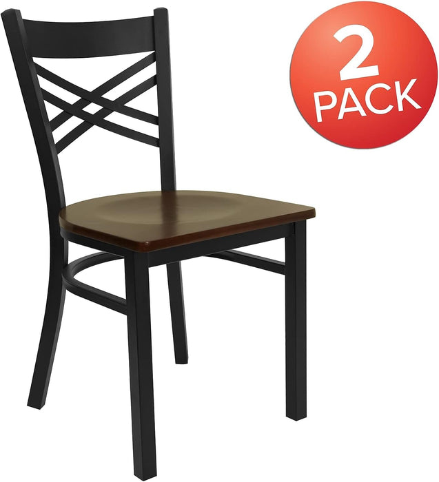 2 Pack HERCULES Series Black ''X'' Back Metal Restaurant Chair - Mahogany Wood Seat