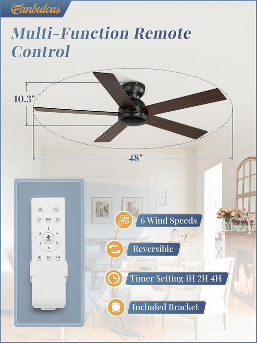 Black 48 Inch Modern Flush Ceiling Fan