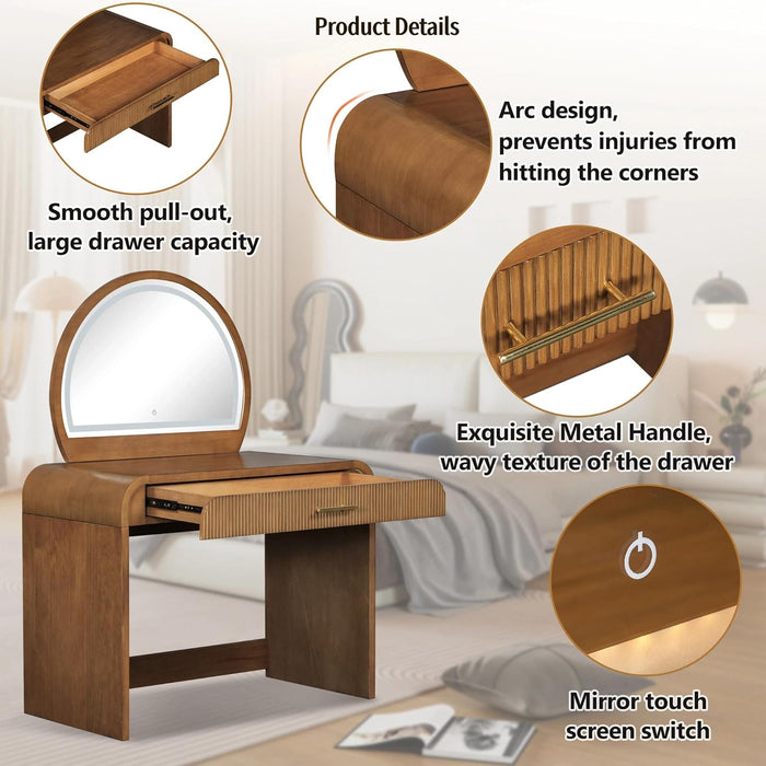 36" Fluted Vanity Desk with HD Lighted Mirror, Rubber Wood Modern Vanity Desk with Drawer & Mobile Mirror, 2-In-1 Dressing Table for Bedroom, Espresso