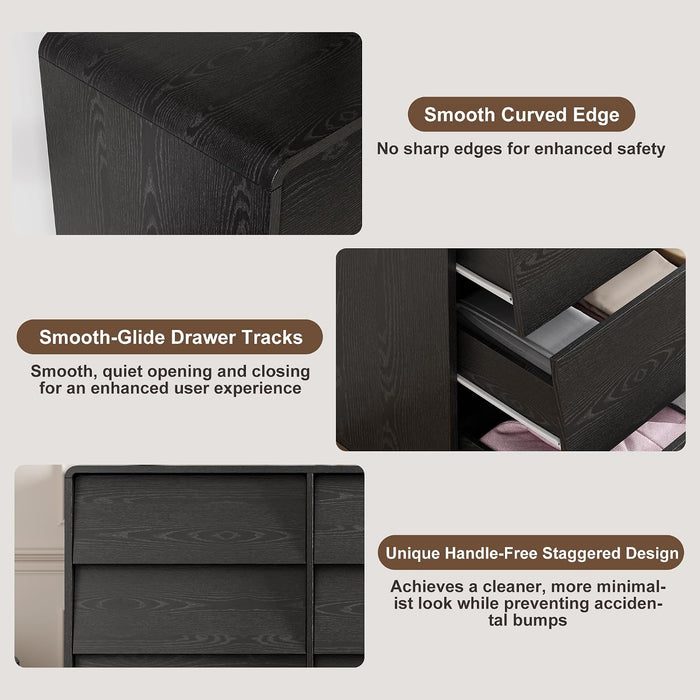Black 6 Drawer Dresser for Bedroom, 47.2" Modern Wood Dresser with Handle-Free and Curved-Edge Design, Chests of Drawers with Large Capacity