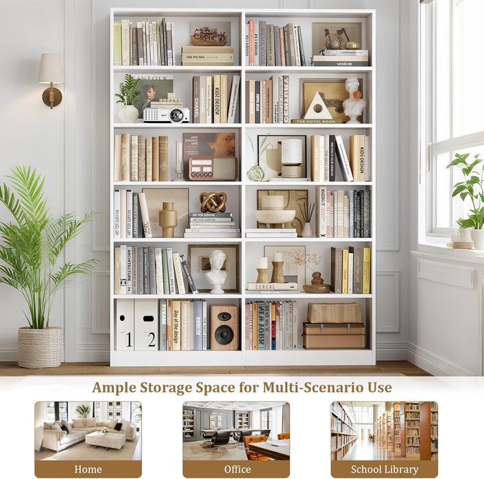Bookshelf and Bookcase, 6-Tier Double Wide Bookshelves,Freestanding Display Storage Shelves, Tall Bookcases for Home Decor Bedroom, Living Room, Home Office,White