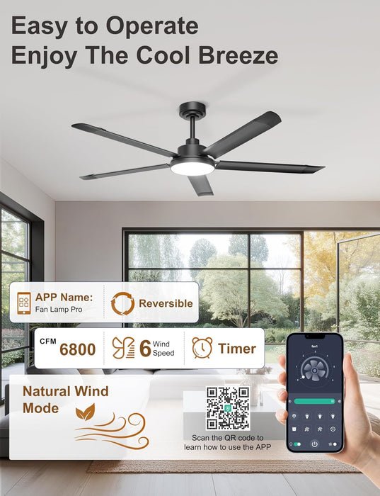 60 Inch Matte Black Industrial Ceiling Fan AppControl