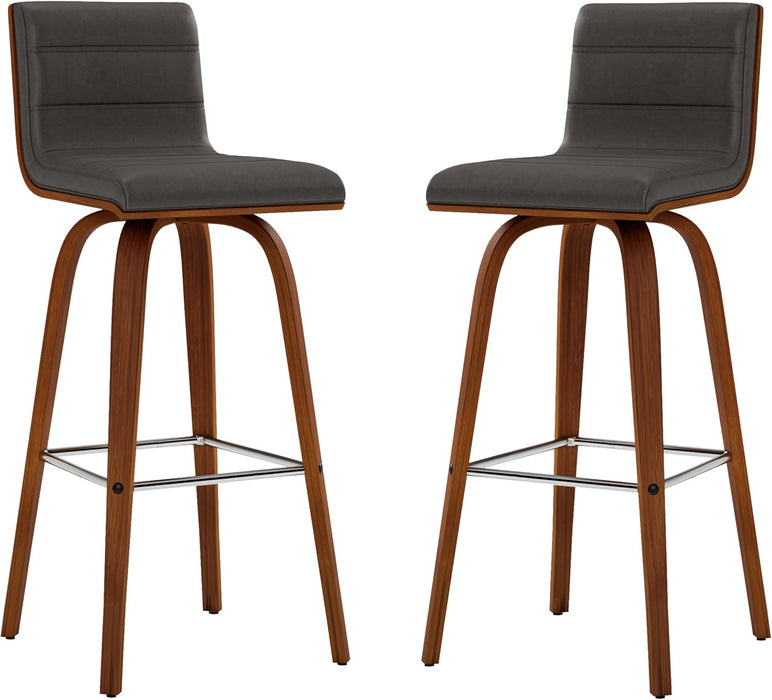 Vienna Mid-Century Modern 30" Bar Height Barstool Faux Leather Wood Finish, Grey/Walnut