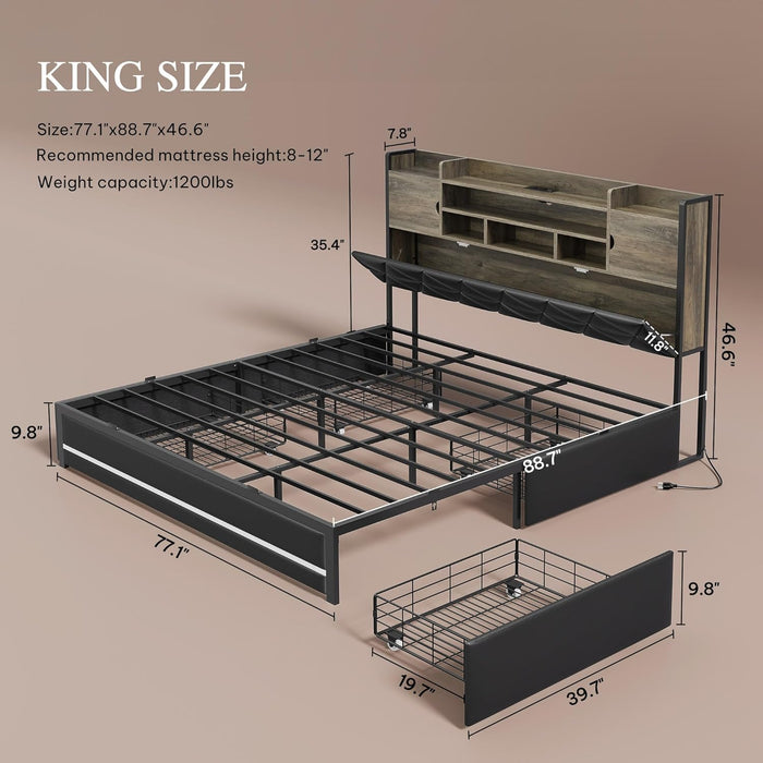 King Size Bed Frame with RGB LED Lights & Storage Bookcase Headboard, Upholstered Bed with Charging Station and 4 Drawers, No Box Spring Needed, Easy Assembly, Noise-Free, PU Leather Black