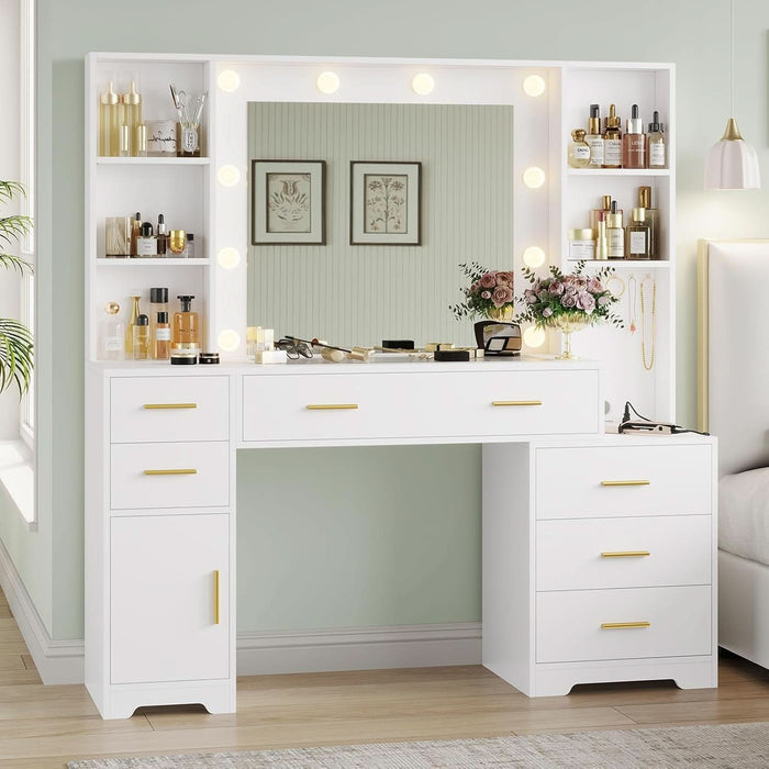 48.8'' Large Vanity Desk with Lighted Mirror & Power Outlet, White Makeup Vanity Table with 6 Drawers, 4 Shelves and 1 Storage Cabinet, Glass Tabletop Bedroom Dressing Table, 3 Lighting Modes