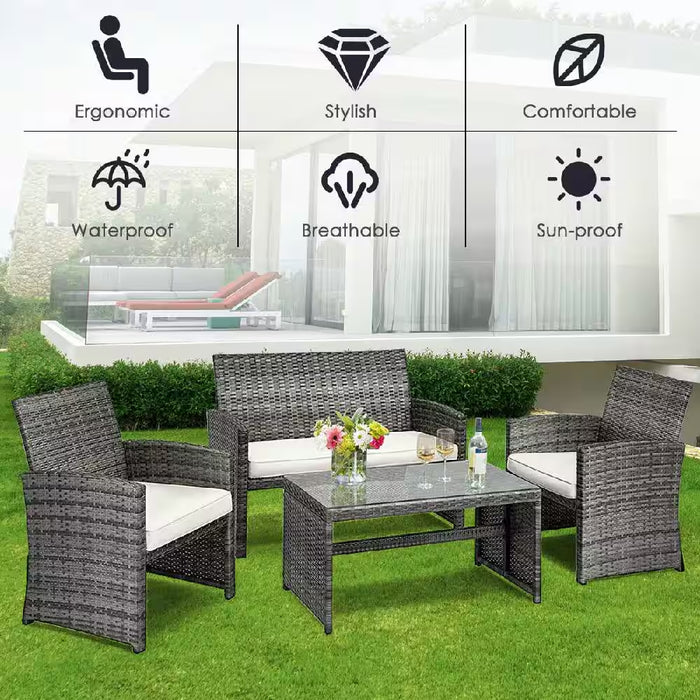 Mix Gray 4-Piece Rattan Wicker Patio Conversation Set with Beige White Cushions Garden Lawn Furniture