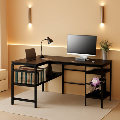 L-Shaped Desk with USB and Power Outlet, Black
