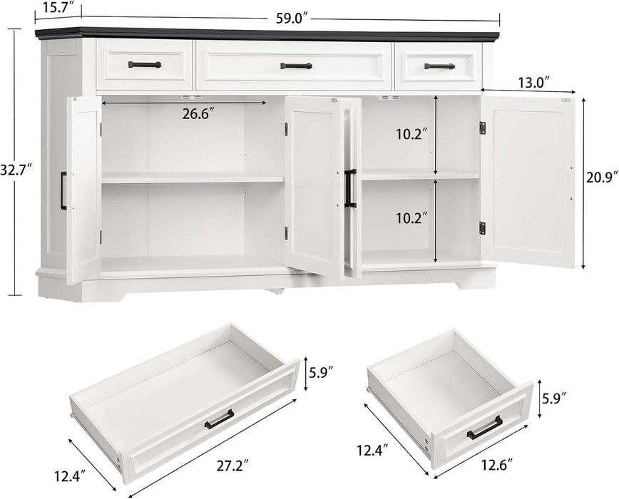 59" Buffet Cabinet with Storage, Sideboard Cabinet with 2 Adjustable Shelves & 3 Drawers, Coffee Bar Cabinet with 4 Doors for Living Room, White