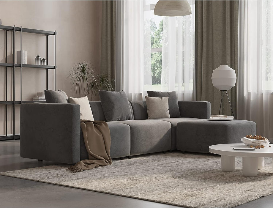 Luxury L-Shaped Upholstery Convertible Modular Sectional Sofa, Contemporary Reversible Couch with Chaise Lounge for Living Room, Apartment, 4 Piece Set, Grey