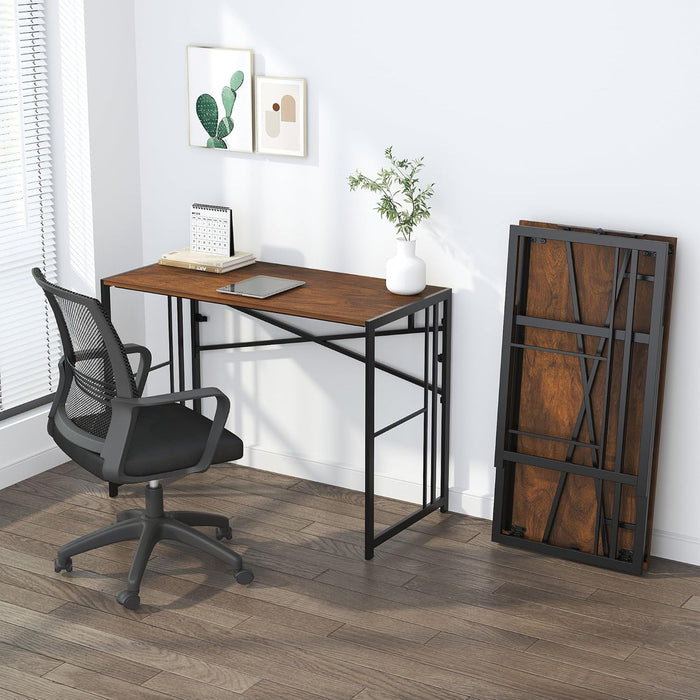 35 Inch Folding Small Desk, Writing Gaming Computer Camping Desk for Small Spaces, No Assembly Required Home Office Table, Mahogany - ShipItFurniture