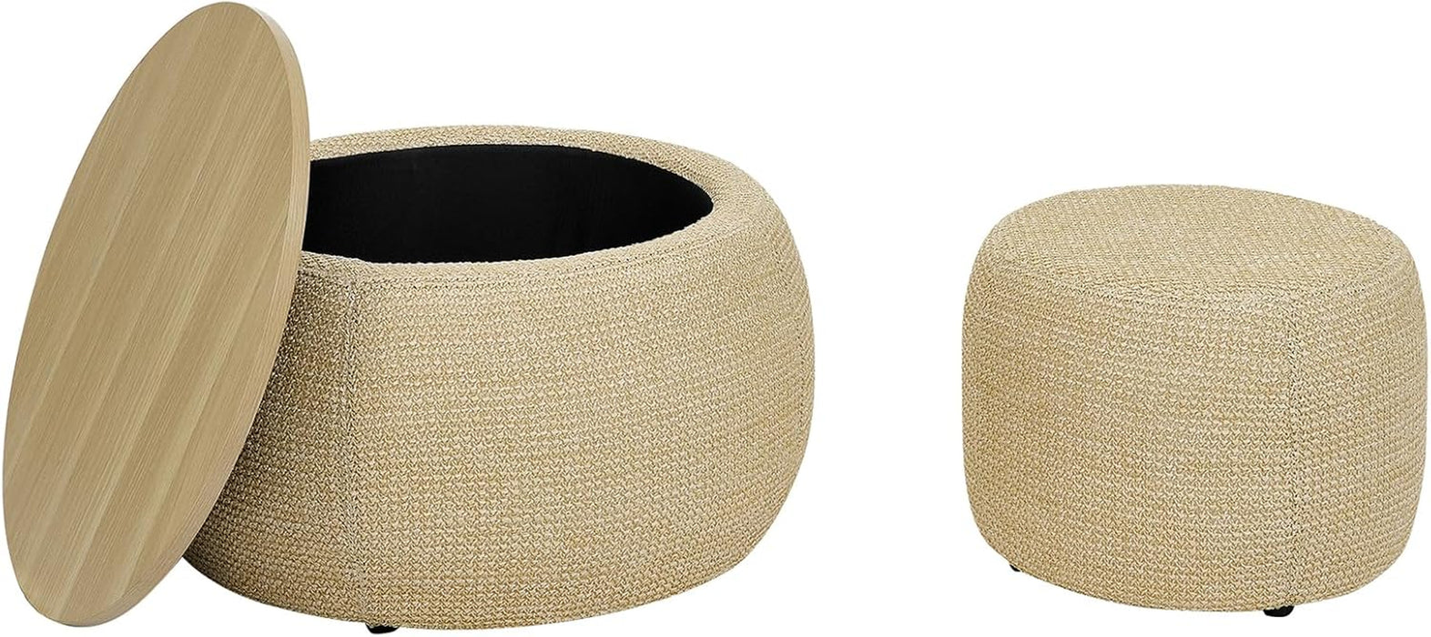 Round Storage Ottoman Set of 2 with Removable Tray 25 Inch Large Upholstered Footstool, Perfect as a Bedside Bench for Living Room or Bedroom (Naturai)