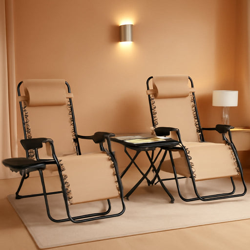 Outdoor Textilene Adjustable Zero Gravity Folding Reclining Lounge Chair Set with Cup Holder, Side Table, Headrest, Weather-Resistant, 35 X 26 X 43 Inches, Beige, 2-Pack