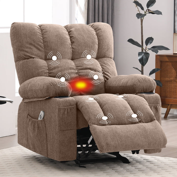 Manual Recliner Chair with Heat Therapy and Massage Function, Heavy Duty Reclining Mechanism Massage Chair, Elderly Single Rocker Sofa with Cup Holders for Bedroom Home Theater,Brown