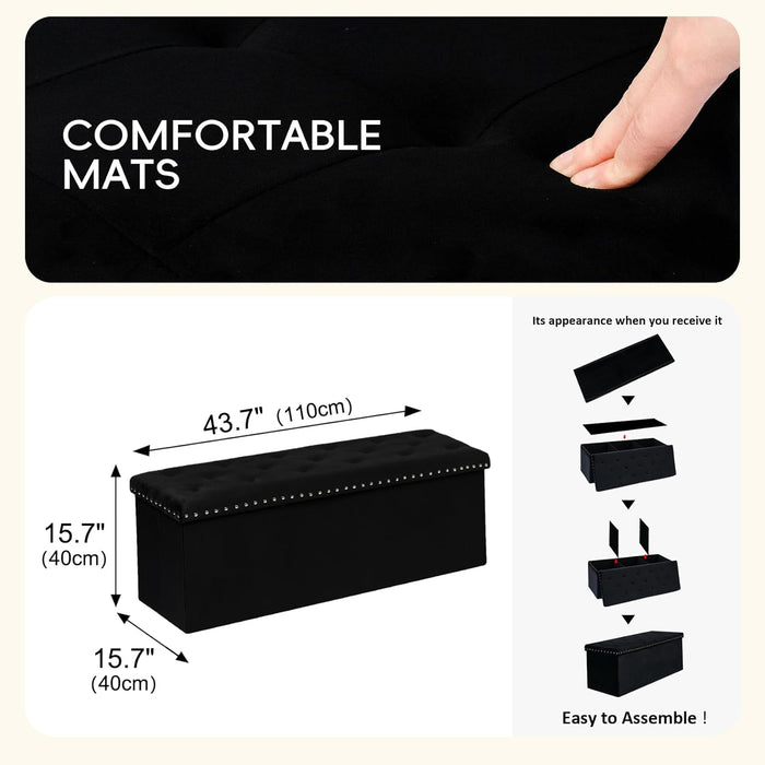 Black Storage Ottoman Bench for Bedroom, Folding Velvet Chest with Benches Foot Rest Stool, Large Long Shoes Chest for Bedroom, Living Room, 43.3"X15.7"X15.7"