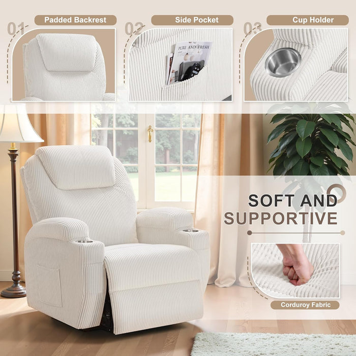 Power Lift Recliner Chair with Massage for Elderly Ergonomic Lounge Chair Classic Single Sofa with 2 Cup Holders Side Pockets Home Theater Seat (Corduroy, Beige)