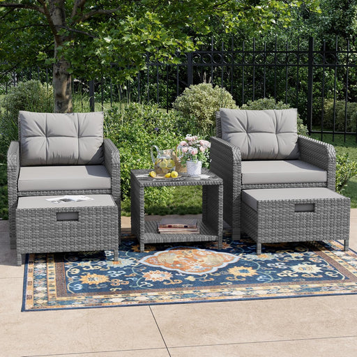 Balcony Furniture 5 Piece Patio Conversation Set, PE Wicker Rattan Outdoor Lounge Chairs with Soft Cushions 2 Ottoman&Glass Table for Porch, Lawn-Grey Wicker (Grey-Grey)