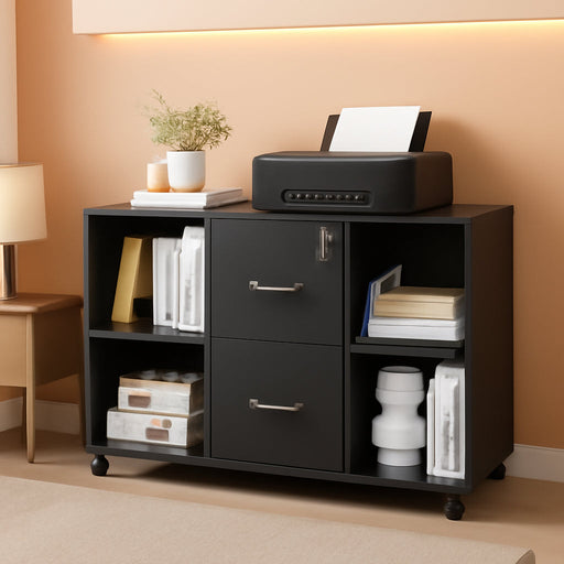 Black File Cabinet Large Mobile Storage Lateral Filing Cabinet with 2 Drawer and 4 Open Compartments,For Letter Size A4 Size, Printer Stand for Home Office, Black