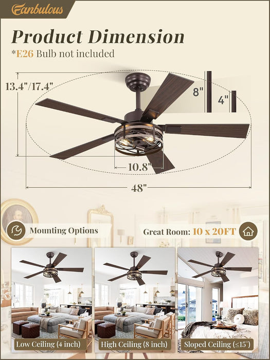 48" Farmhouse Ceiling Fans with Light & Remote, 6-Speed Caged